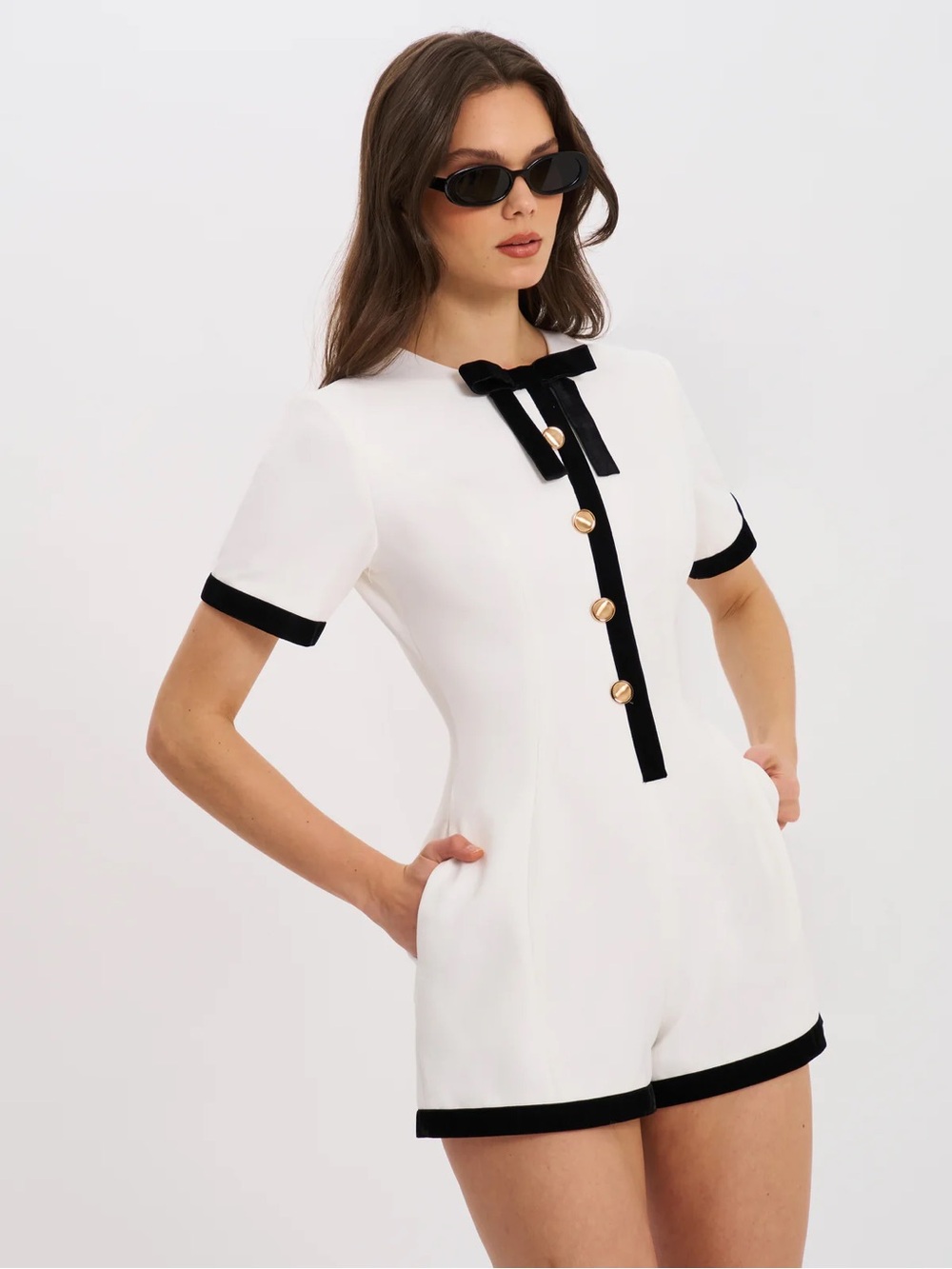 White Short-Sleeve Bow-Trim Romper with Black Accents